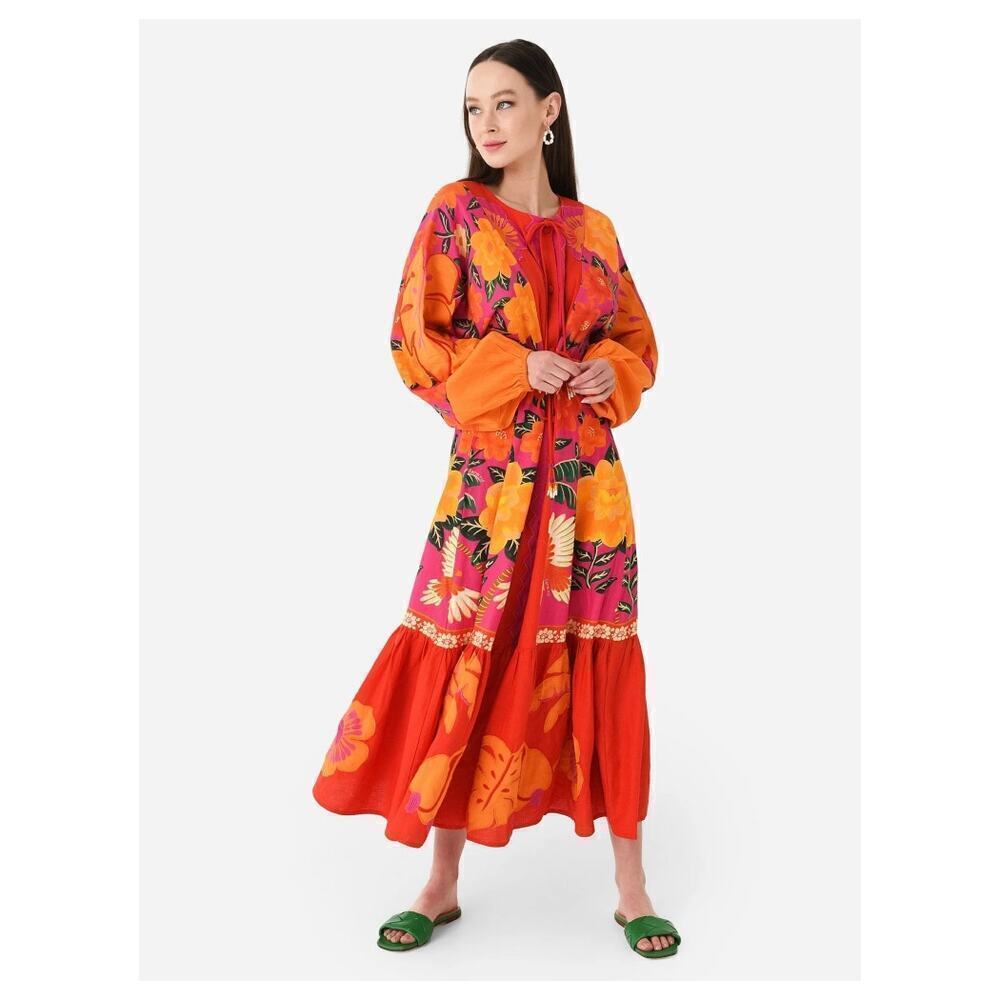 FARM Rio Sunset Patchwork Maxi Dress Dopamine Orange Yellow Beaded Size XS